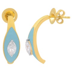0.75 Carat Marquise Diamond Turquoise Enamel Half Hoop Earrings 18k Yellow Gold