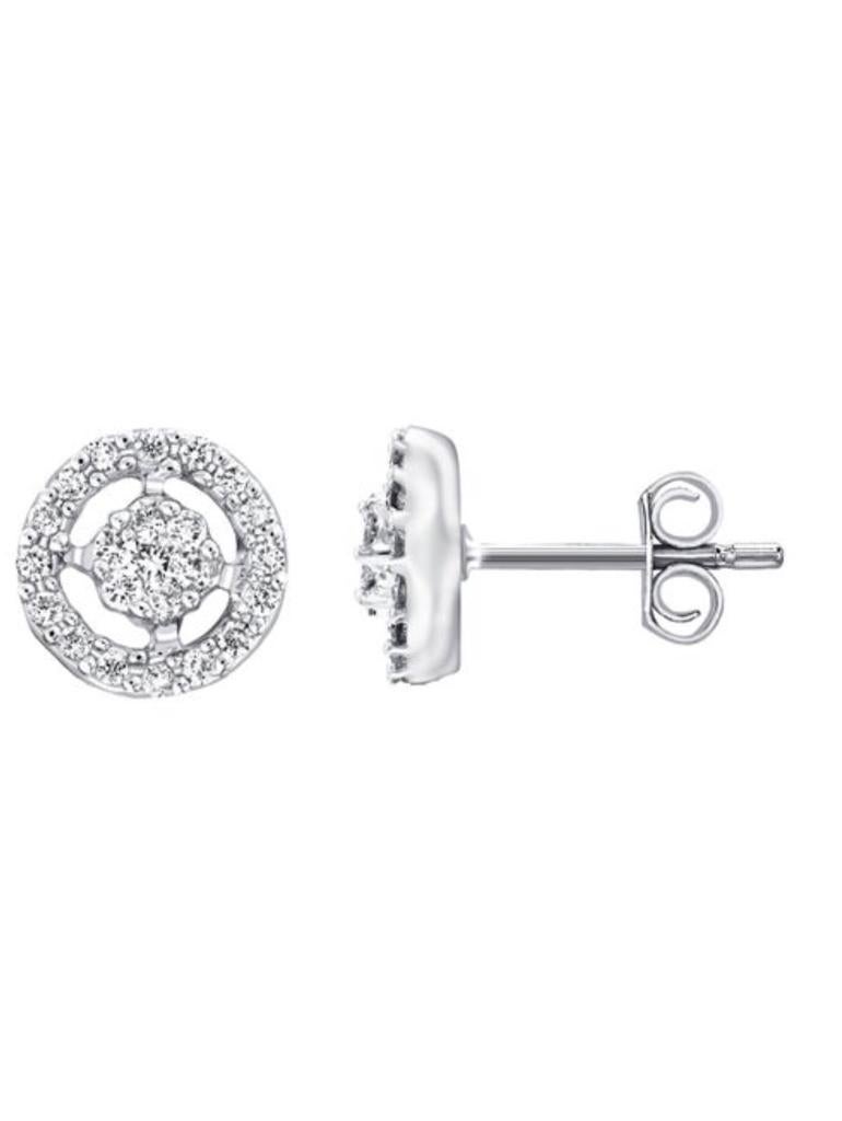 Modern Earrings 0.75 Carat Cluster Halo 18 Karat White Gold Round White Diamond Stud For Sale