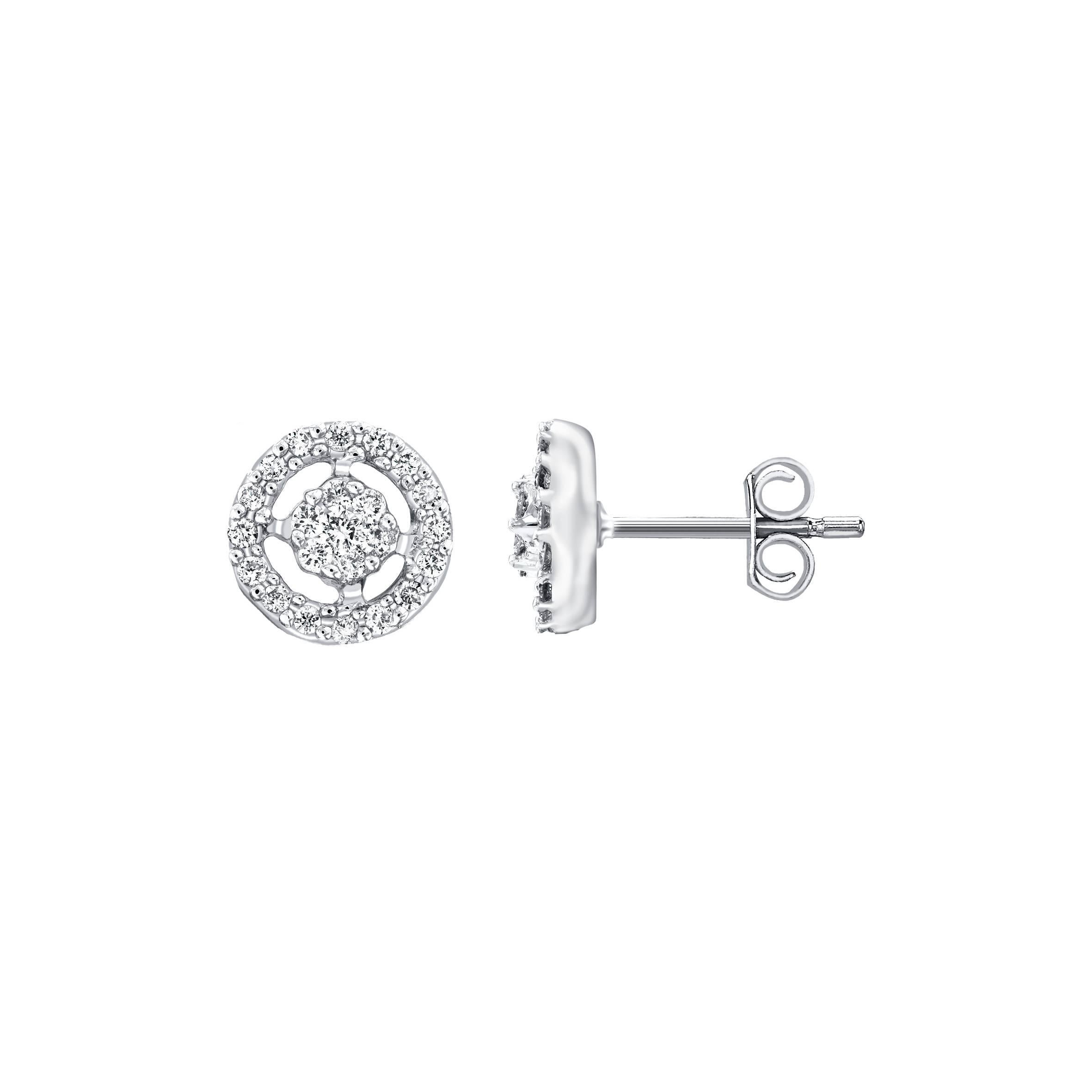Earrings 0.75 Carat Cluster Halo 18 Karat White Gold Round White Diamond Stud For Sale