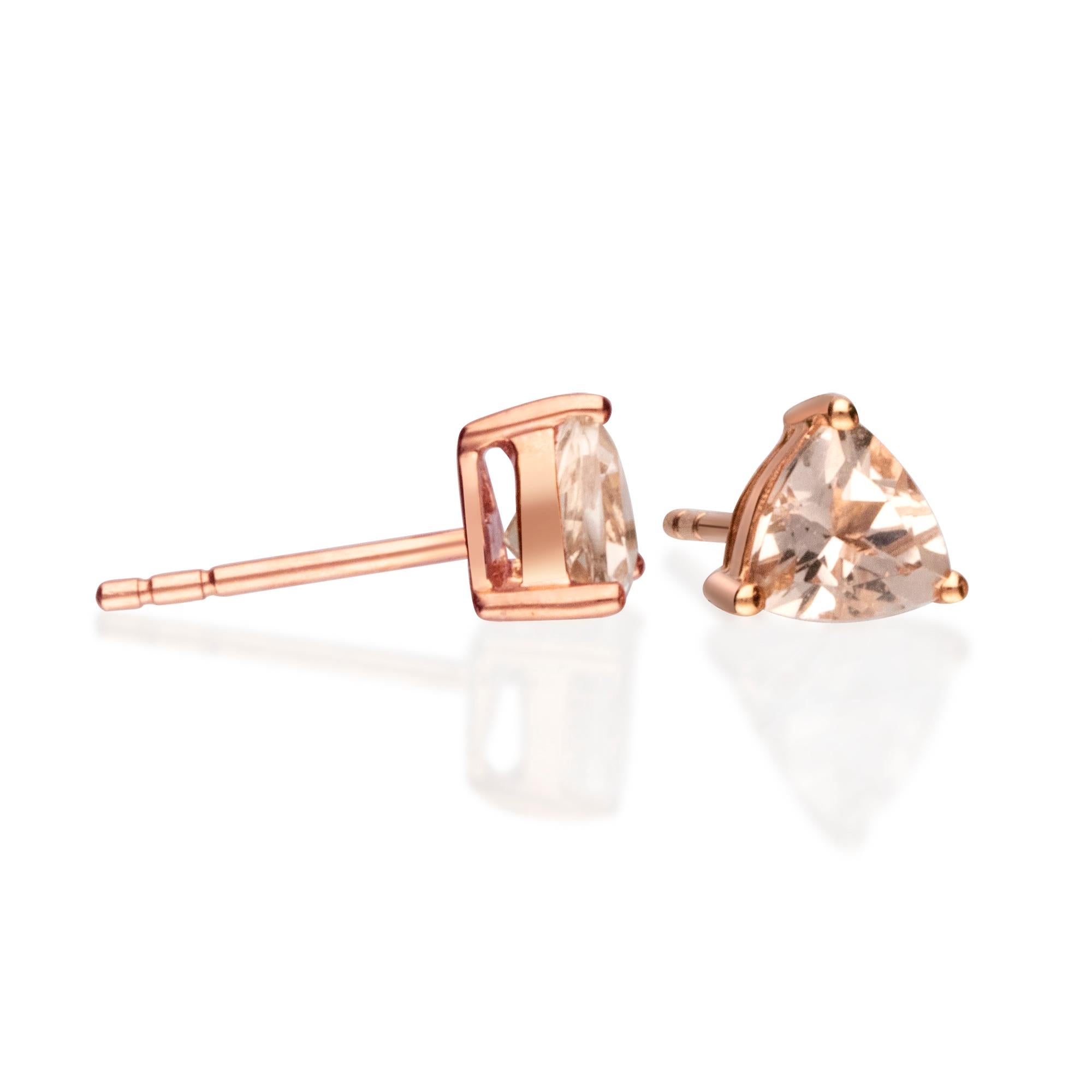 0.75 Carat Morganite Trillion Cut 10K Rose Gold Stud Earring For Sale 1