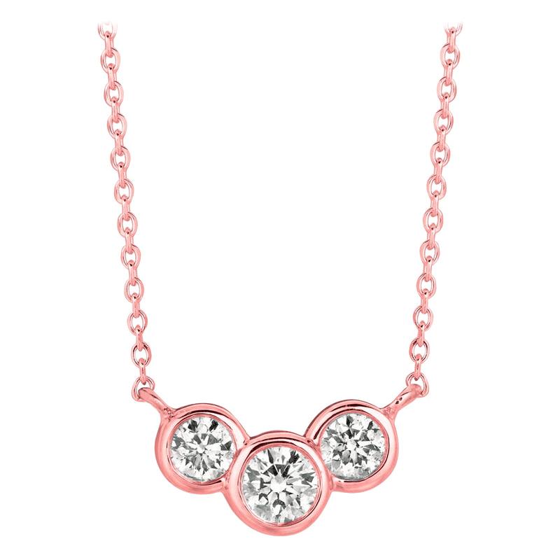 0.75 Carat Natural 3-Stone Diamond Bezel Necklace 14 Karat Rose Gold G SI For Sale