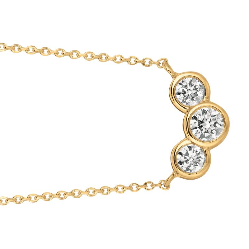 0,75 Karat natürliche 3-Stein-Diamant-Lünette Halskette 14 Karat Gelbgold G SI (Rundschliff) im Angebot