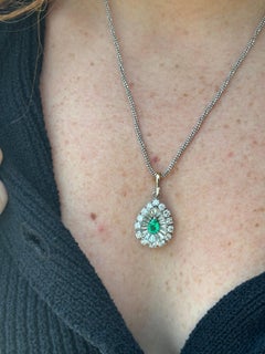 0.75 Carat Natural Colombian Emerald and Diamond Ball-Chain Pendant in 14K/Plat
