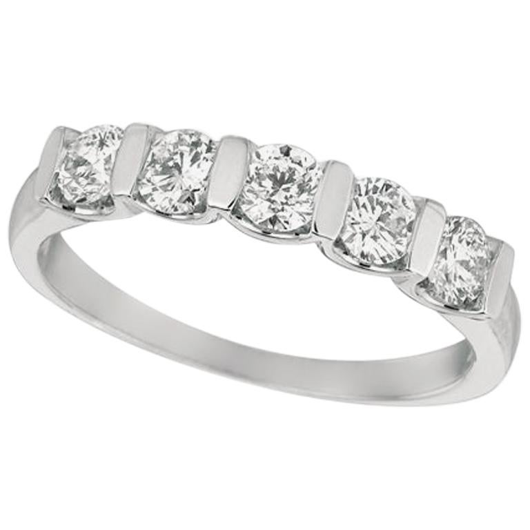 0.75 Carat Natural Diamond 5 Stone Ring Band G SI 14 Karat White Gold For Sale