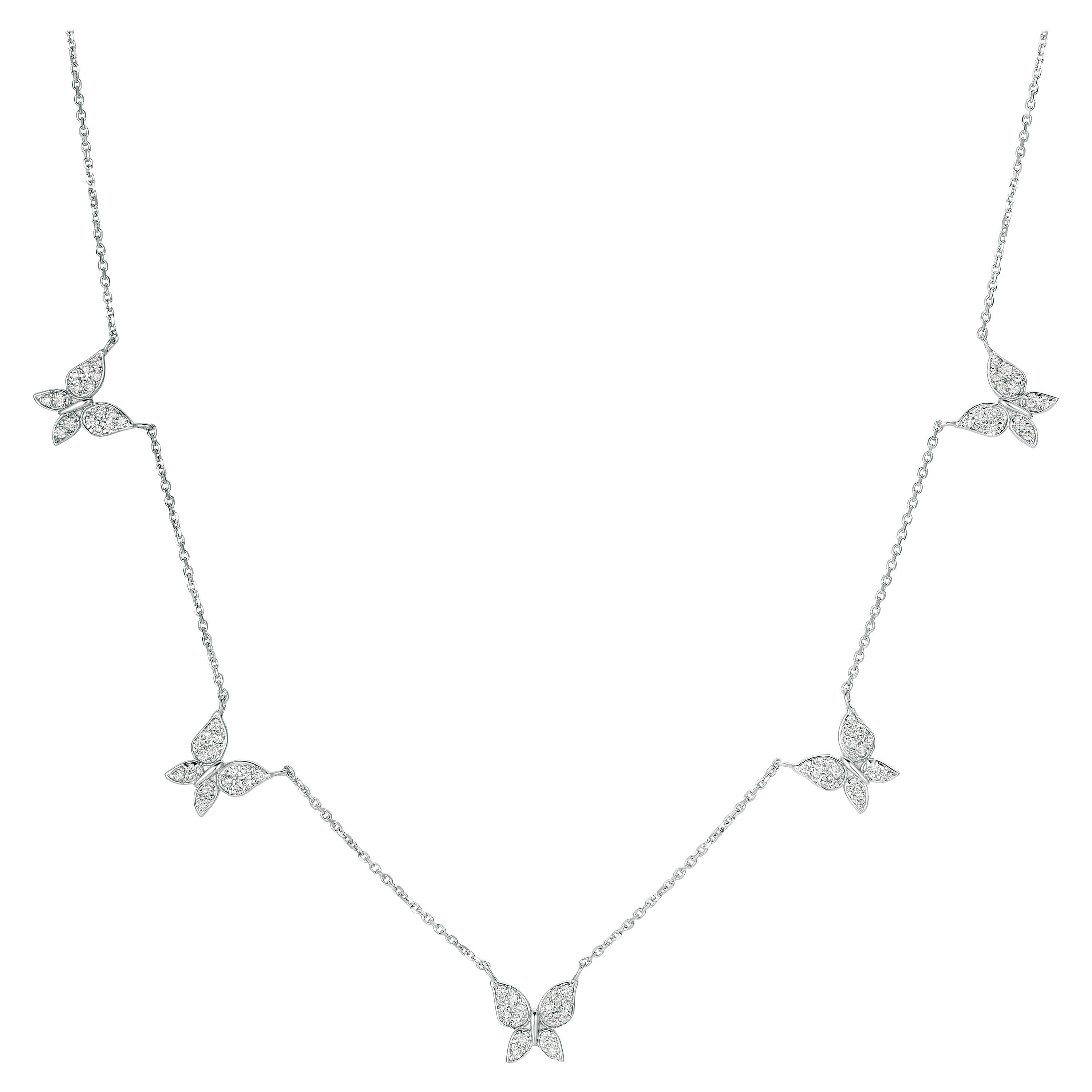 0.75 Carat Natural Diamond Butterfly Necklace 14 Karat White Gold G SI For Sale