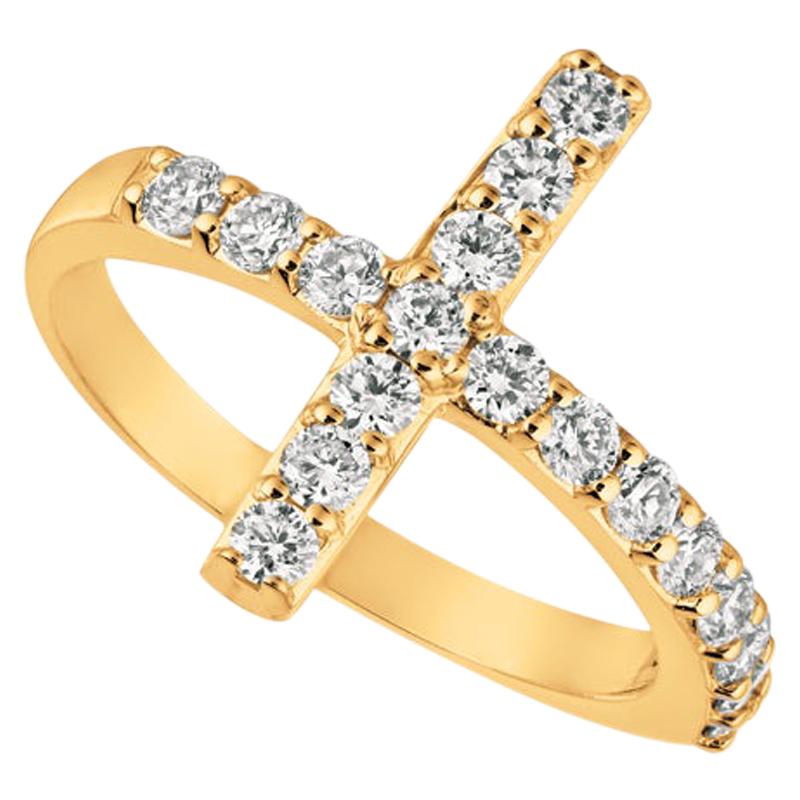 Bague croix en or jaune 14 carats avec diamants naturels de 0,75 carat G SI en vente