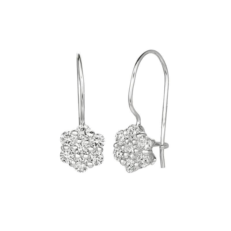 Round Cut 0.75 Carat Natural Diamond Flower Earrings G SI 14k White Gold For Sale