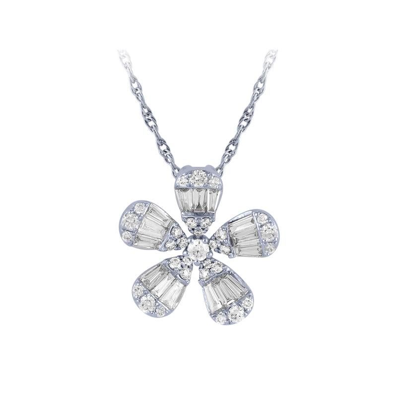 Artist 0.75 Carat Natural Diamond Flower Necklace Pendant 14K White Gold 18'' chain For Sale