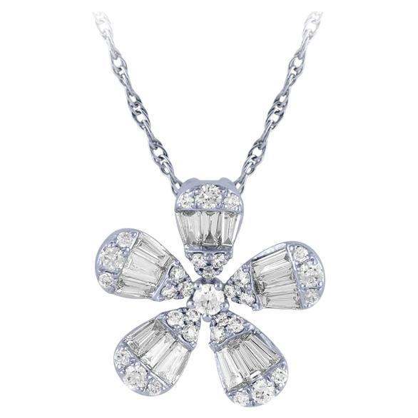 0.75 Carat Natural Diamond Flower Necklace Pendant 14K White Gold 18'' chain