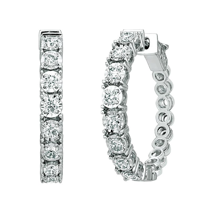 Round Cut 0.75 Carat Natural Diamond Hoop Earrings G-H SI 14K White Gold For Sale