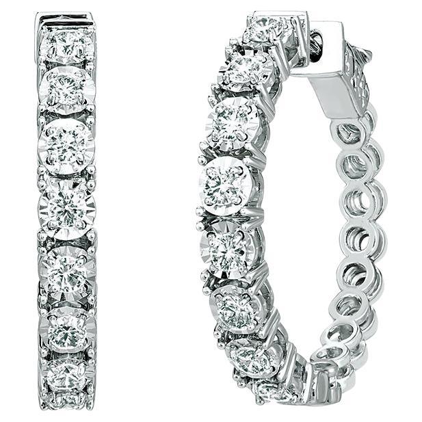 0.75 Carat Natural Diamond Hoop Earrings G-H SI 14K White Gold For Sale