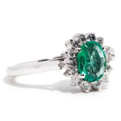 0.75 Carat Natural Emerald and Diamond Vintage Cluster Ring 18 Carat White Gold