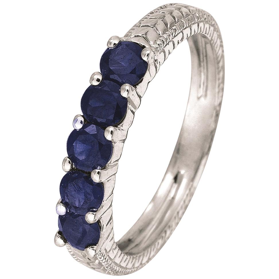 0.75 Carat Natural Sapphire 5-Stone Ring Band 14 Karat White Gold For Sale