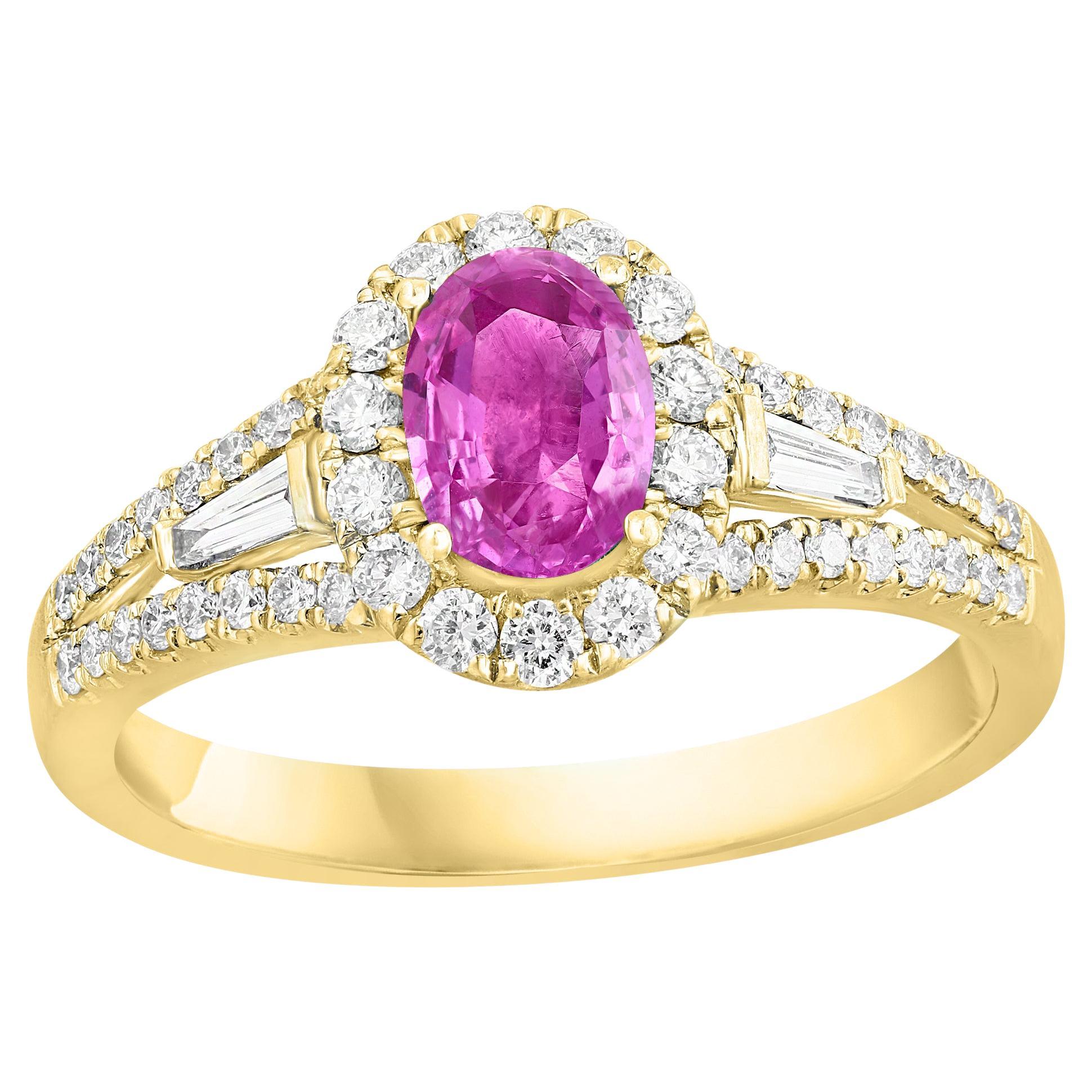 Bague en or jaune 18k avec saphir rose et diamant de 0,75 carat de taille ovale en vente