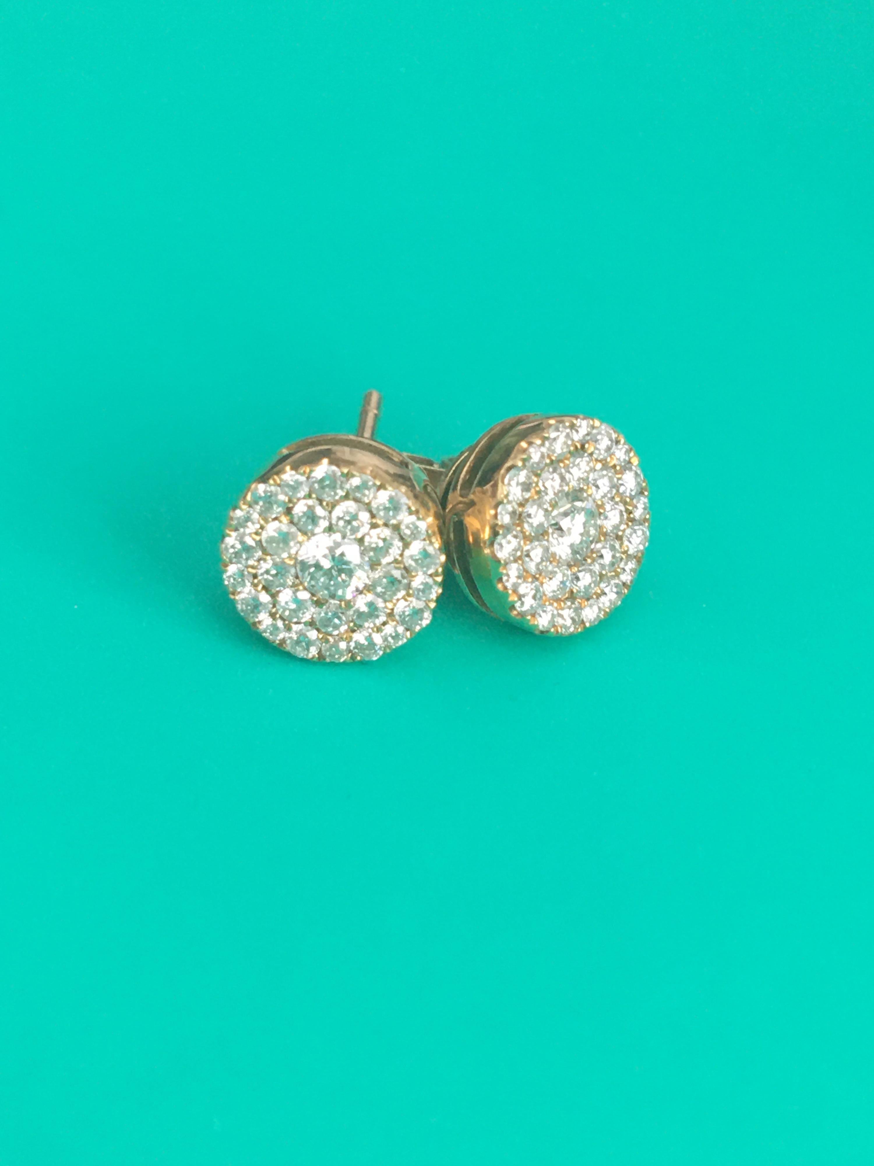Round Cut 0.75 Carat Pave Cluster Round White Diamond 18 Karat Yellow Gold Stud Earrings For Sale