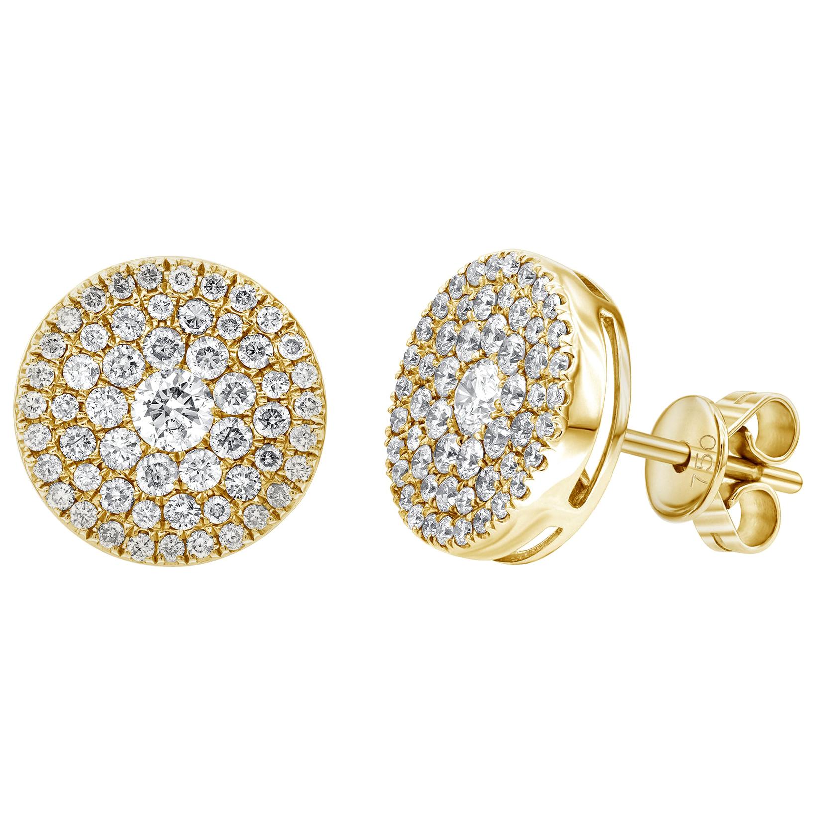 0.75 Carat Pave Set Cluster Round White Diamond 18 Karat Gold Stud Earrings