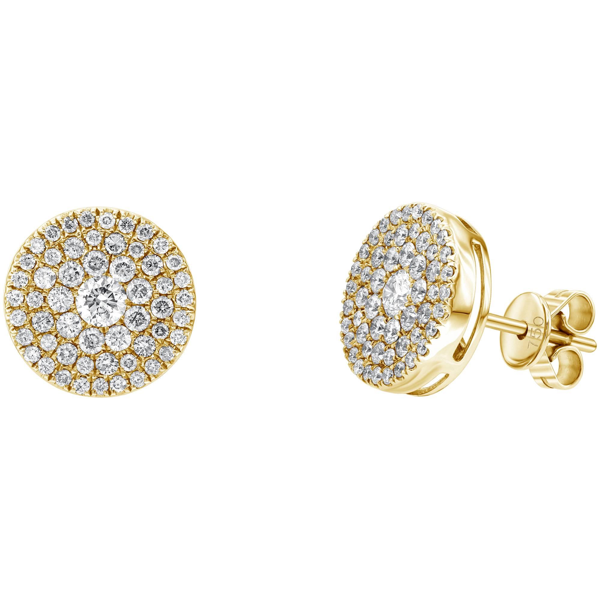 0.75 Carat Pave Cluster Round White Diamond 18 Karat Yellow Gold Stud Earrings
