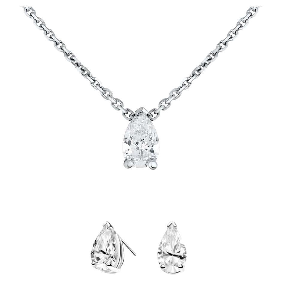0.75 Carat Pear-Cut Diamond Studs and Necklace Jewelry Set in 14K White Gold For Sale
