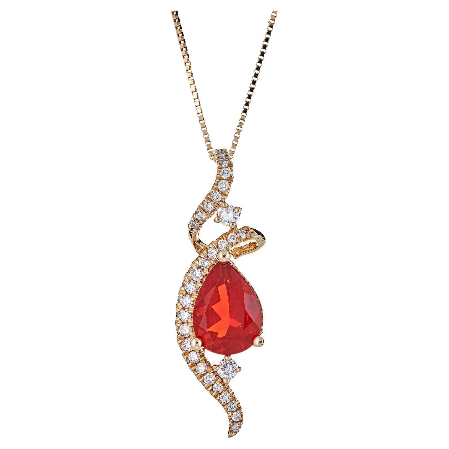 0.75 Carat Pear Cut Fire Opal Diamond Accents 14K Yellow Gold Pendant For Sale