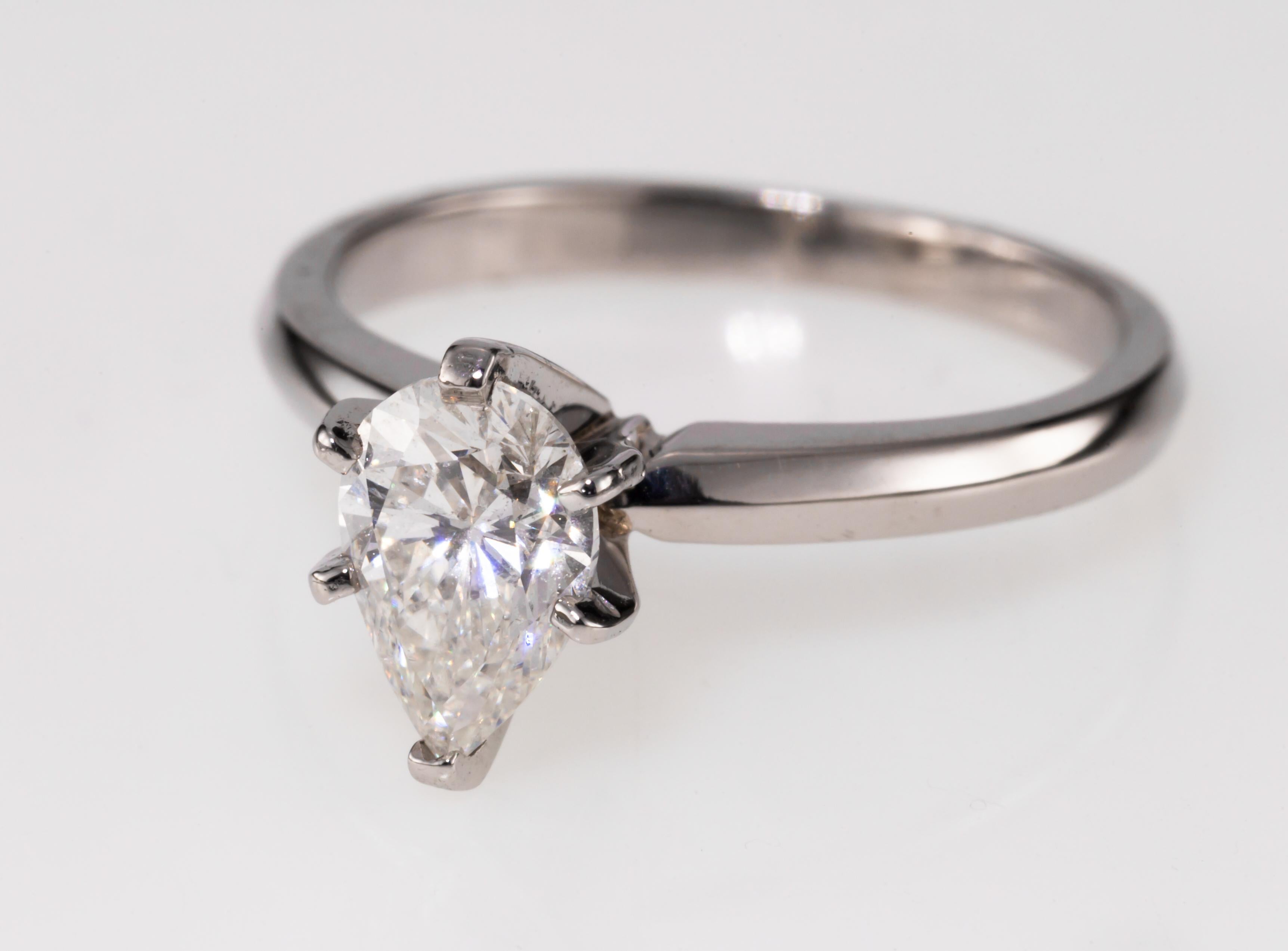 0.75 Carat Pear Shaped Diamond Platinum Solitaire Engagement Ring For Sale