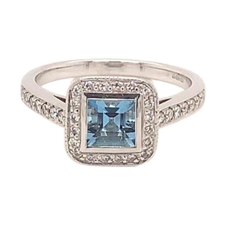 0.75 Carat Princess Cut Aquamarine and Diamond Ring in 18K White Gold For Sale