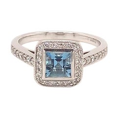 0.75 Carat Princess Cut Aquamarine and Diamond Ring in 18K White Gold