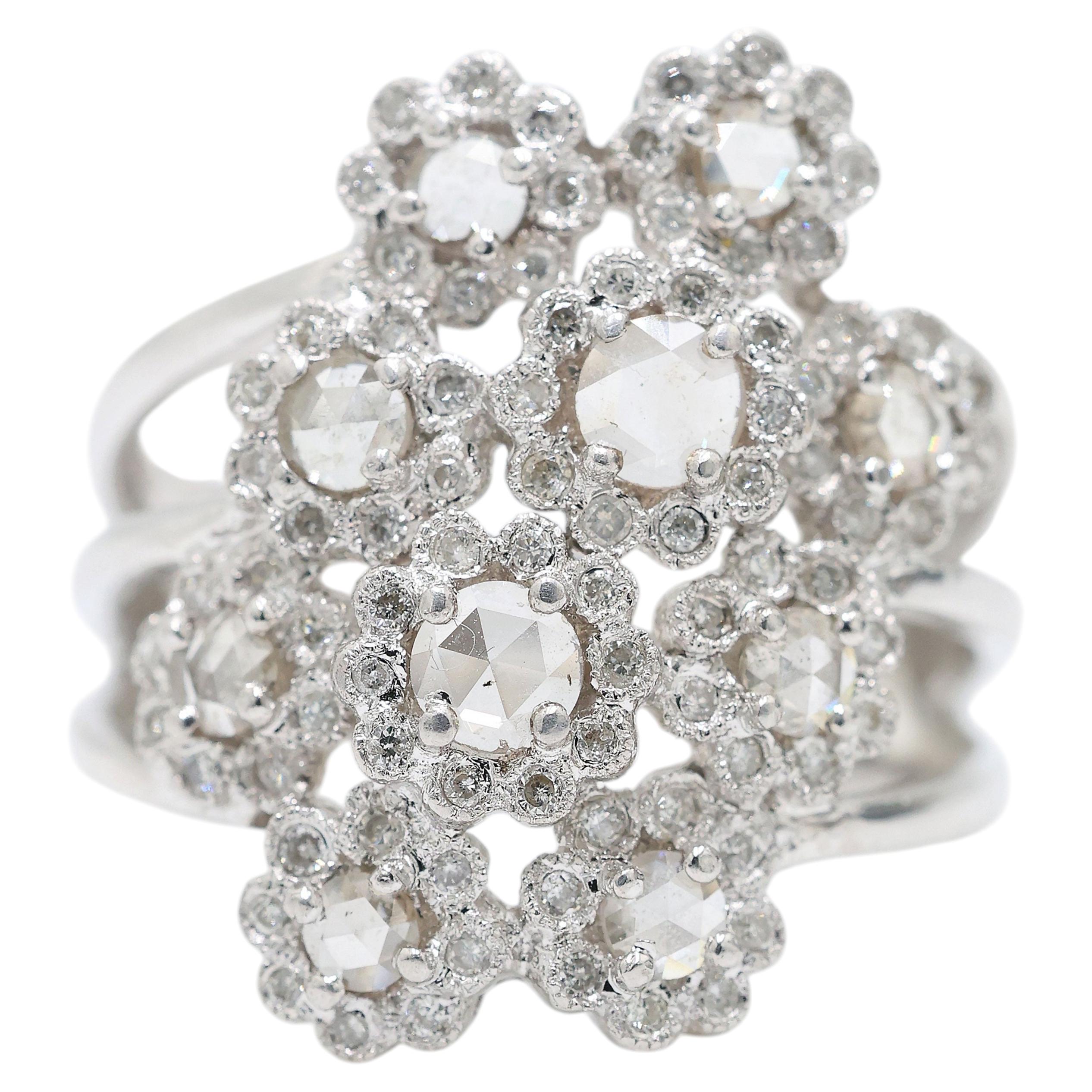 0.75 Carat Rose Cut Diamond Cluster Ring Set in 18K White Gold Statement Flower