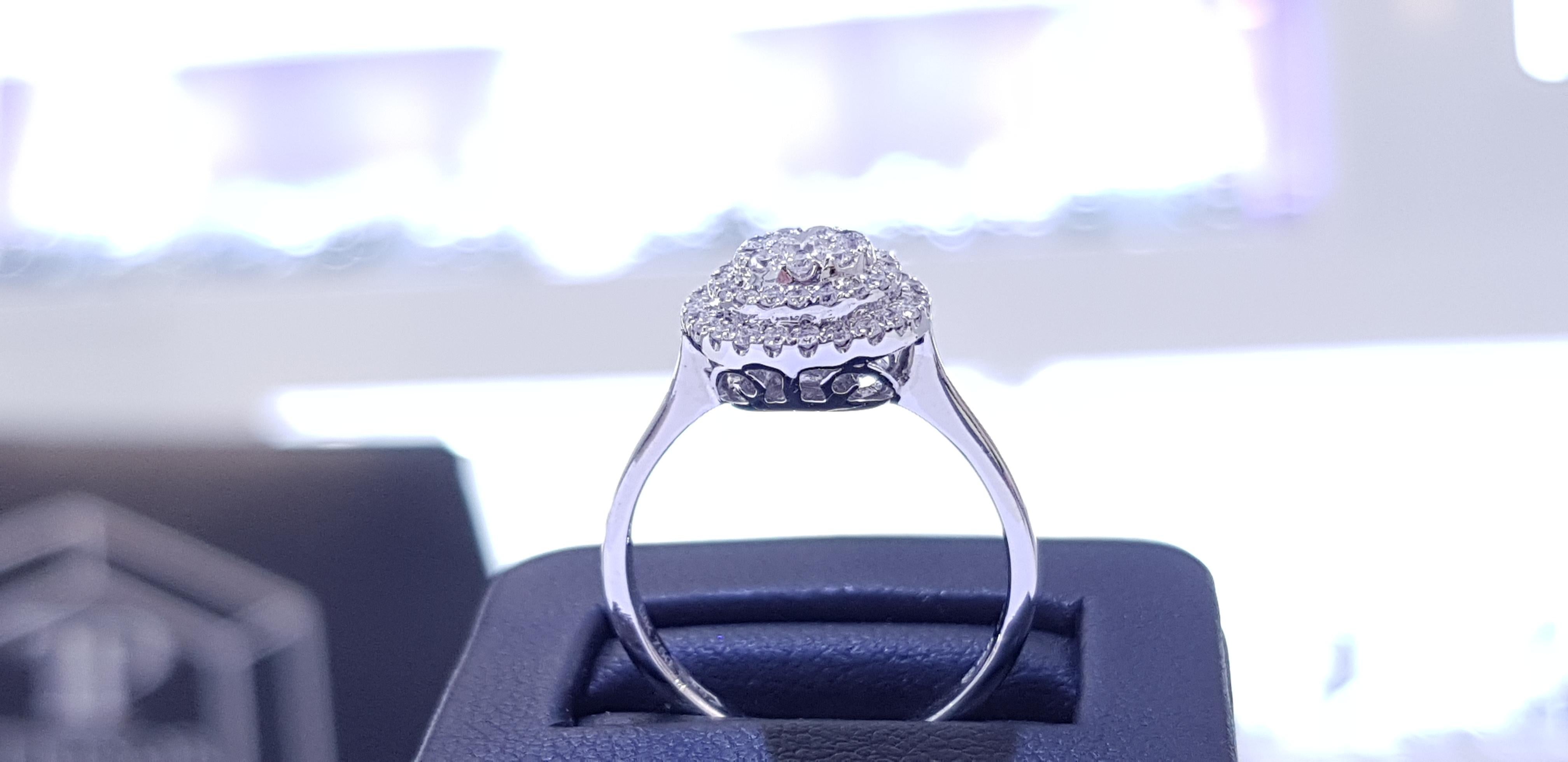 0.75 Carat Round Cut Cluster 18 Karat White Gold Double Halo Diamond Ring For Sale 7