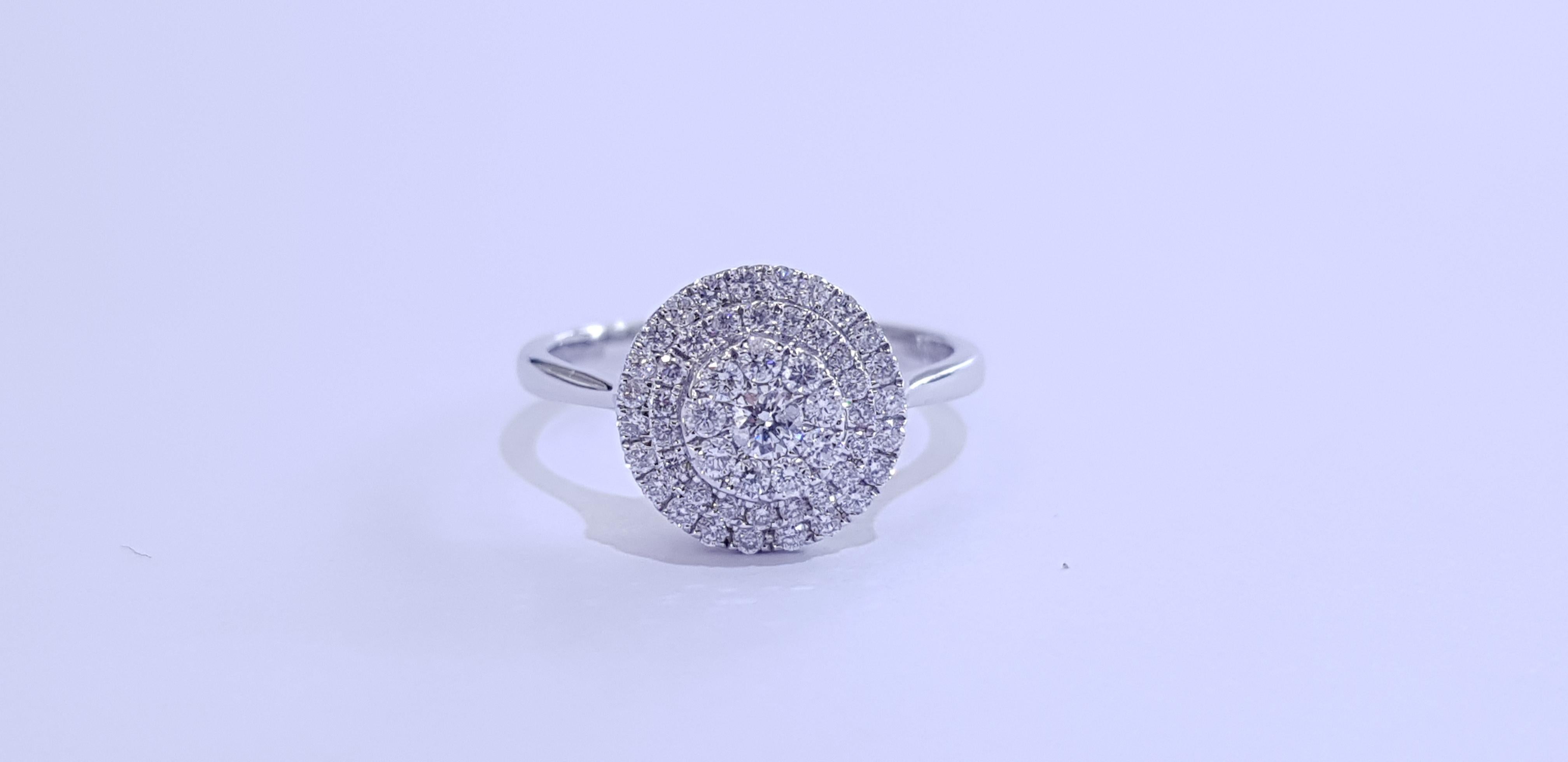0.75 Carat Round Cut Cluster 18 Karat White Gold Double Halo Diamond Ring For Sale 12