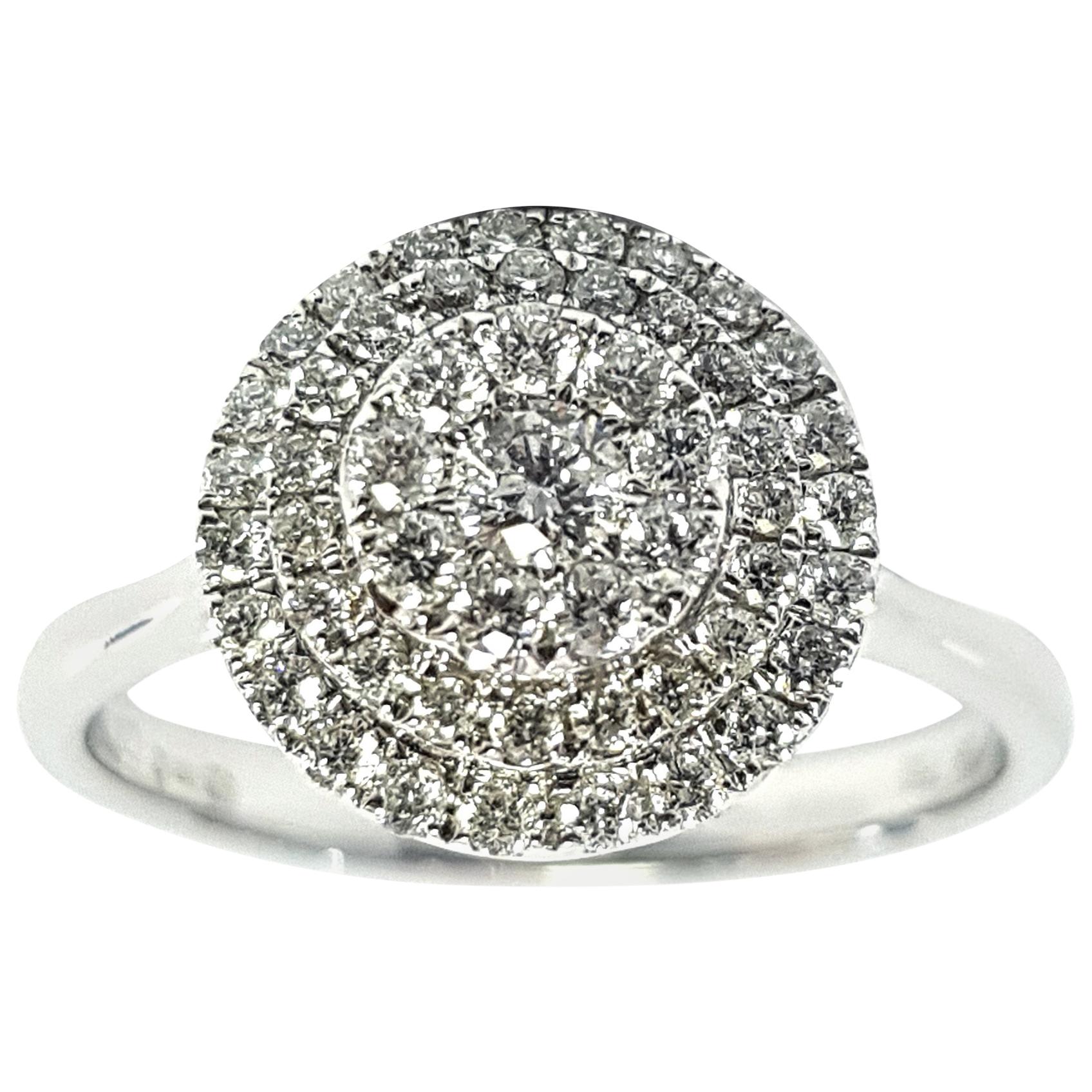 0.75 Carat Round Cut Cluster 18 Karat White Gold Double Halo Diamond Ring For Sale