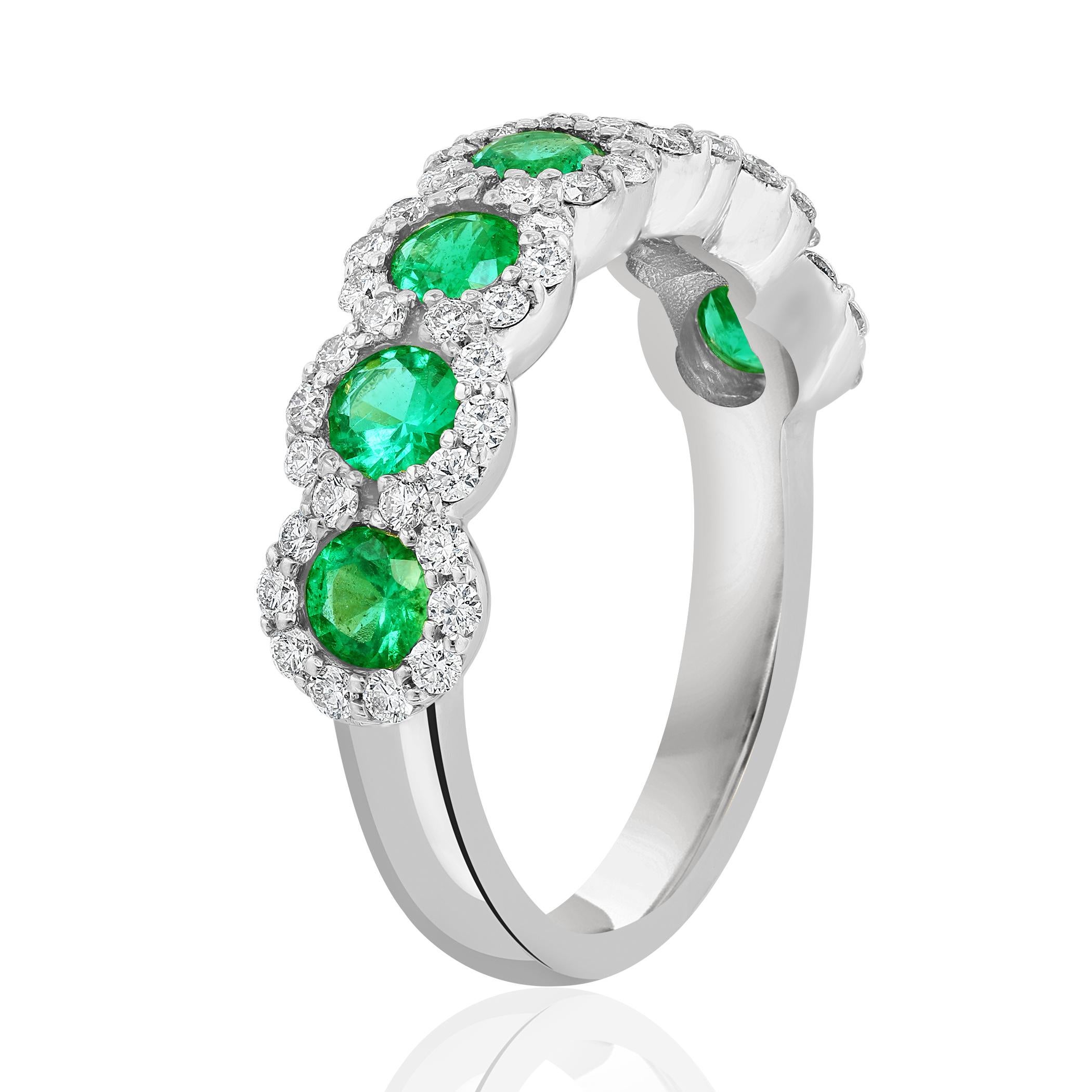 Modern 0.75 Carat Round Cut Emerald and Diamond Halfway Wedding Band in 14K White Gold For Sale