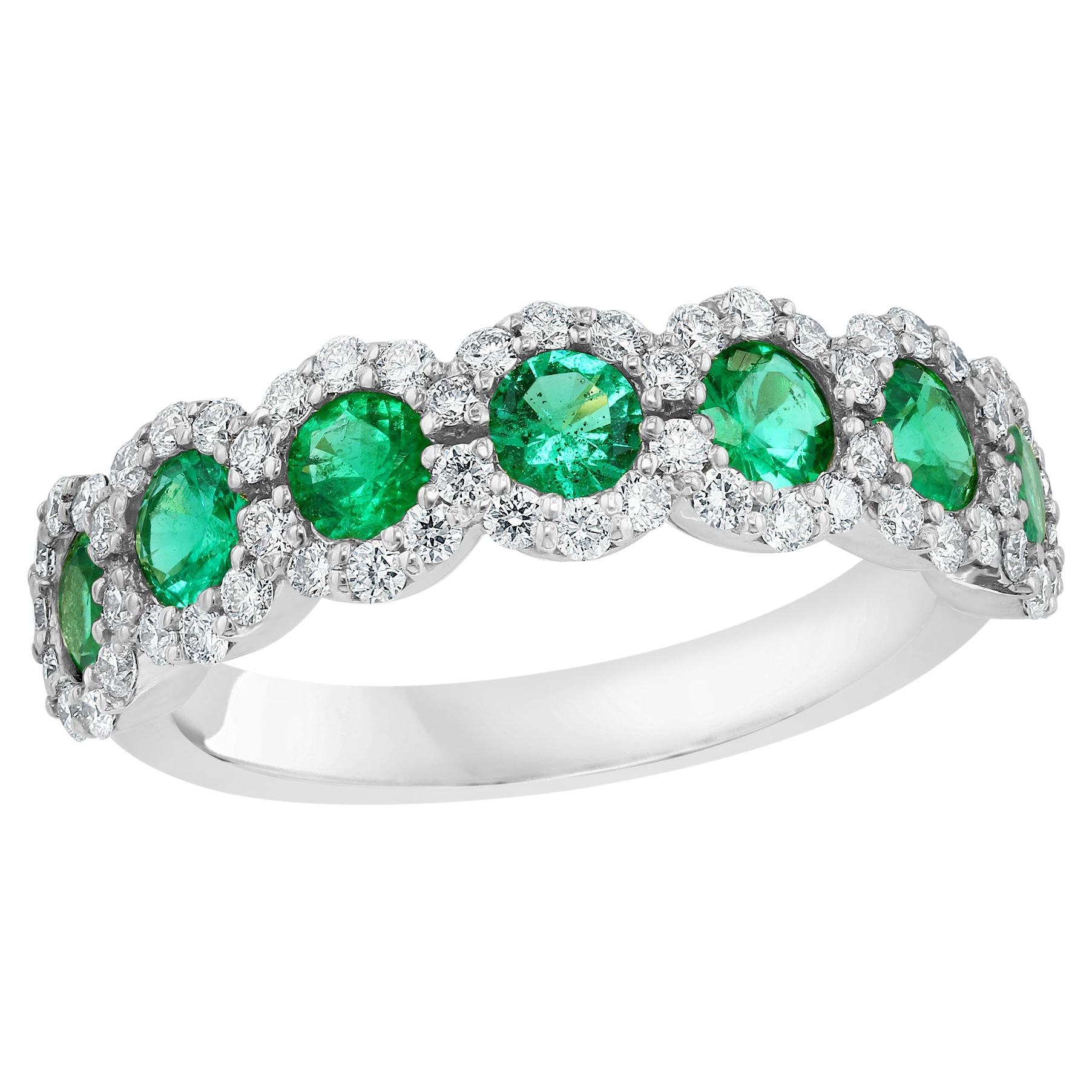 0.75 Carat Round Cut Emerald and Diamond Halfway Wedding Band in 14K White Gold For Sale