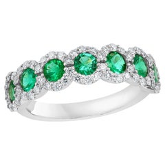 0.75 Carat Round Cut Emerald and Diamond Halfway Wedding Band in 14K White Gold