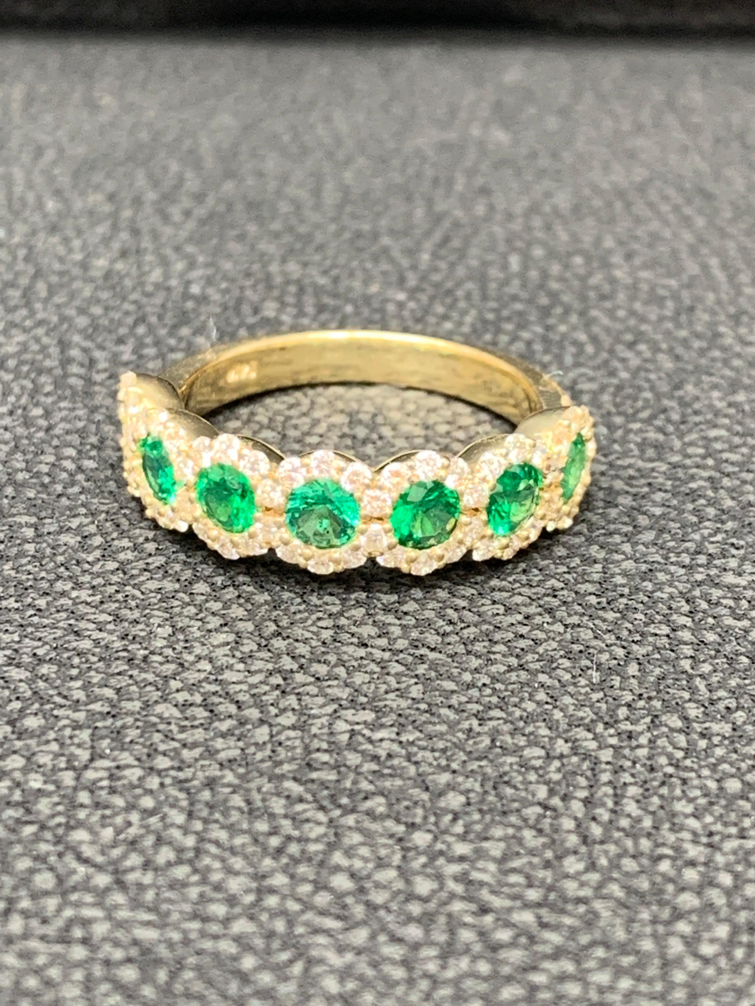 0.75 Carat Round Cut Emerald and Diamond Halfway Wedding Band in 14K Yellow Gold For Sale 6