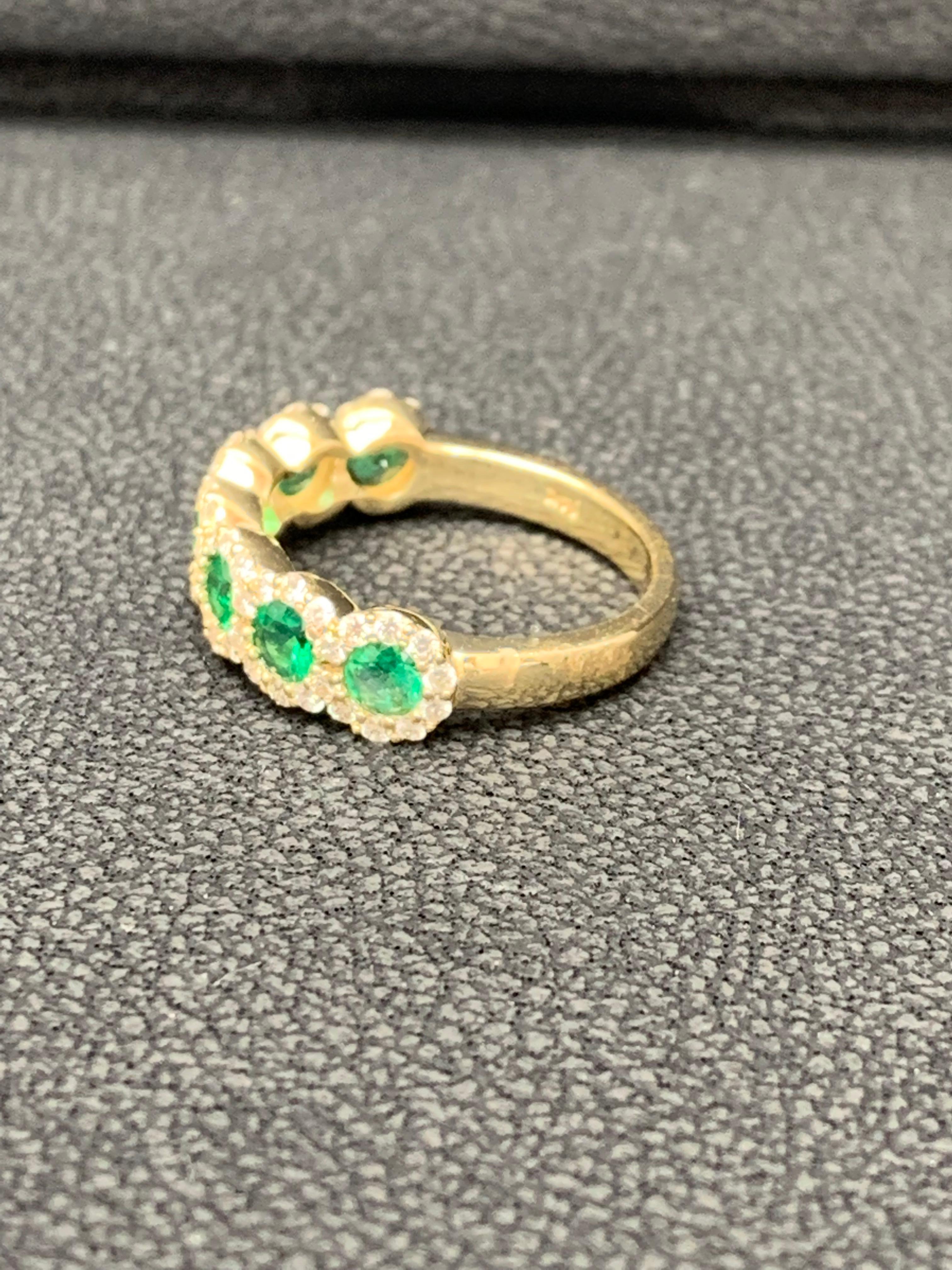 0.75 Carat Round Cut Emerald and Diamond Halfway Wedding Band in 14K Yellow Gold For Sale 7
