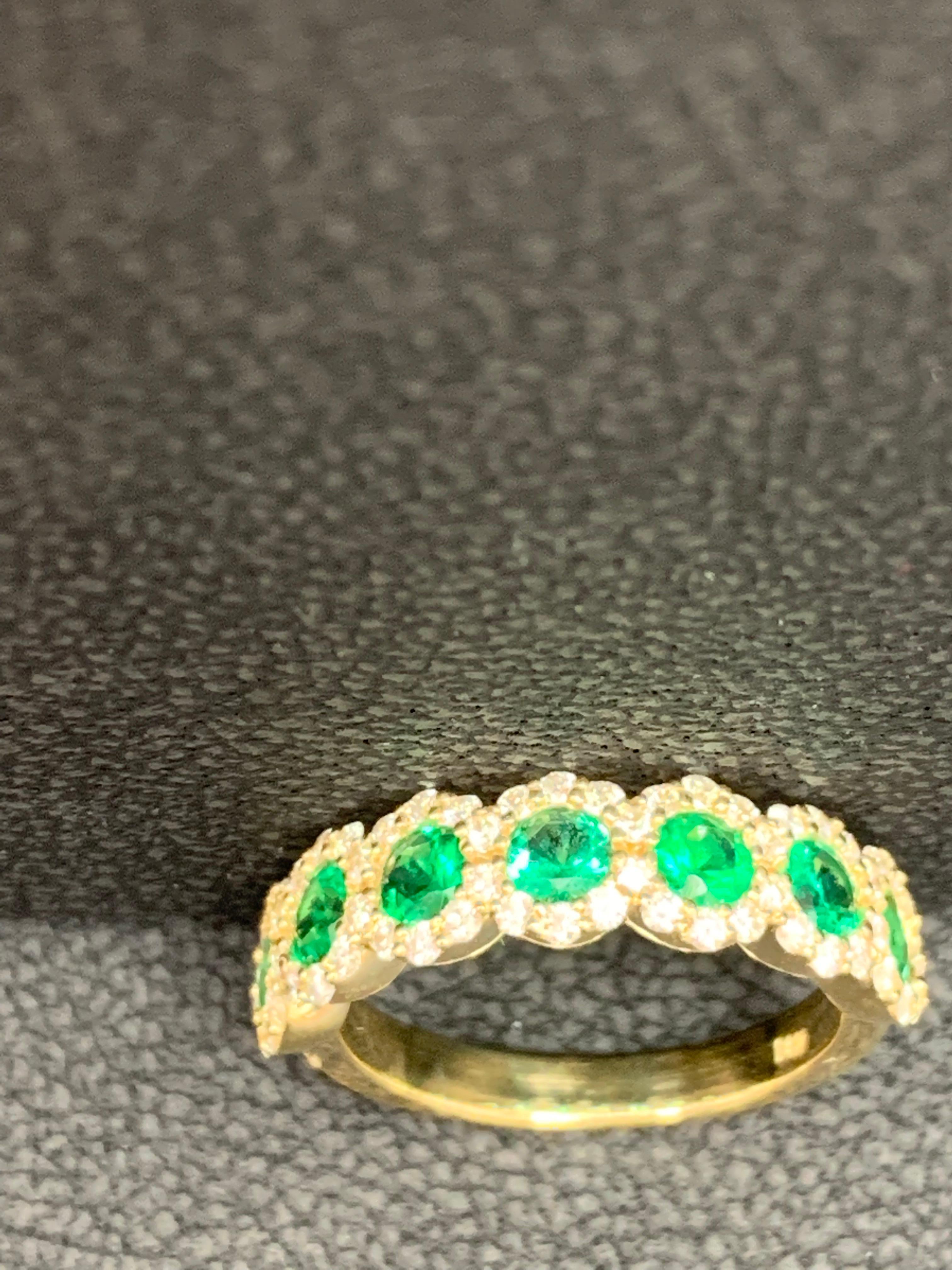 0.75 Carat Round Cut Emerald and Diamond Halfway Wedding Band in 14K Yellow Gold For Sale 10
