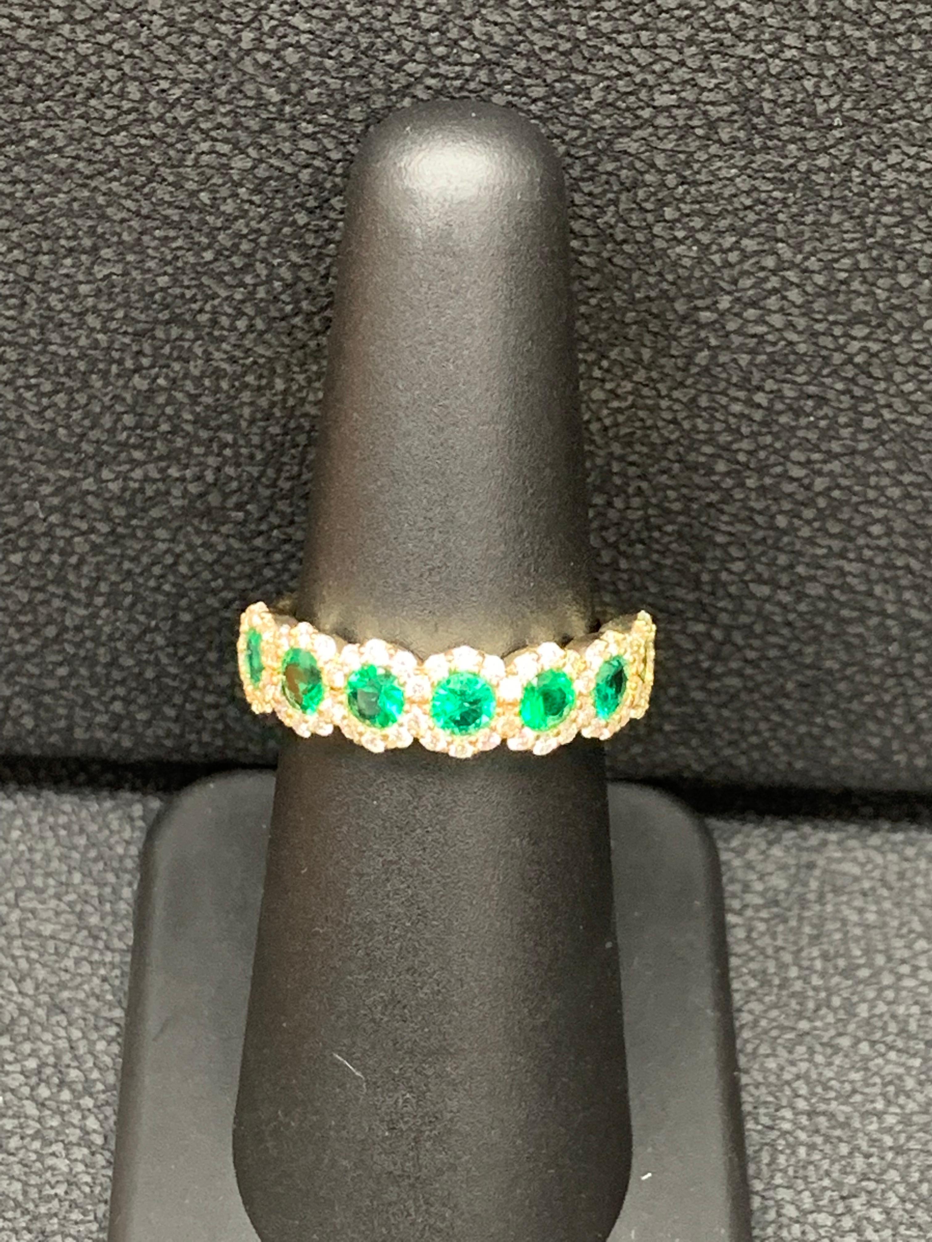 0.75 Carat Round Cut Emerald and Diamond Halfway Wedding Band in 14K Yellow Gold For Sale 11