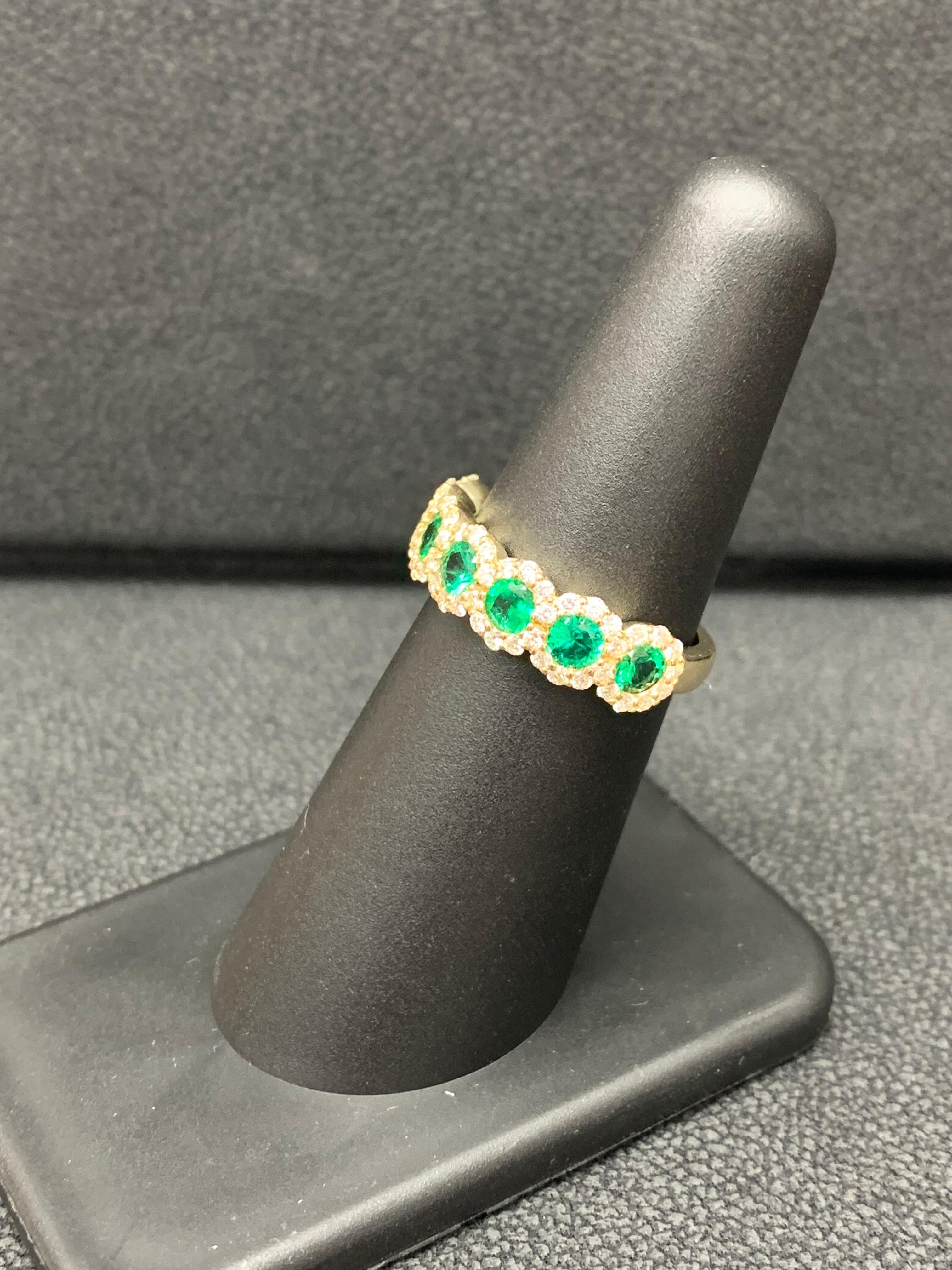 0.75 Carat Round Cut Emerald and Diamond Halfway Wedding Band in 14K Yellow Gold For Sale 12