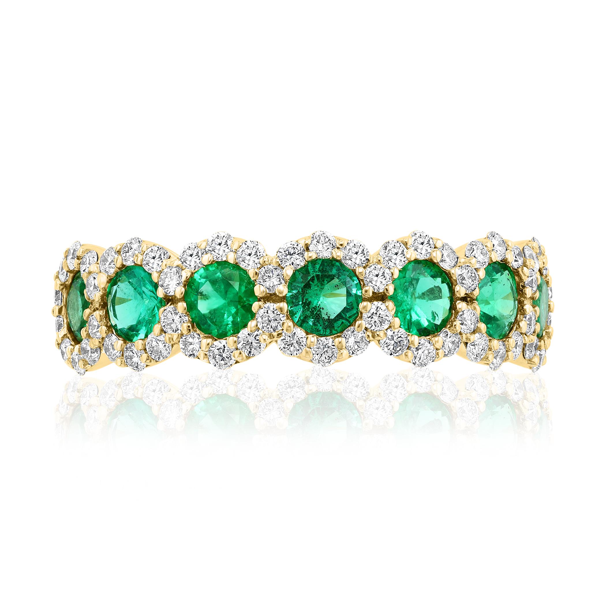 A fashionable and classic wedding band showcasing 7 color-rich green emeralds weighing 0.75 carats total that are surrounded by brilliant round diamonds weighing 1.00 carats total. Stones secured with a micro pave setting made with 14karat yellow