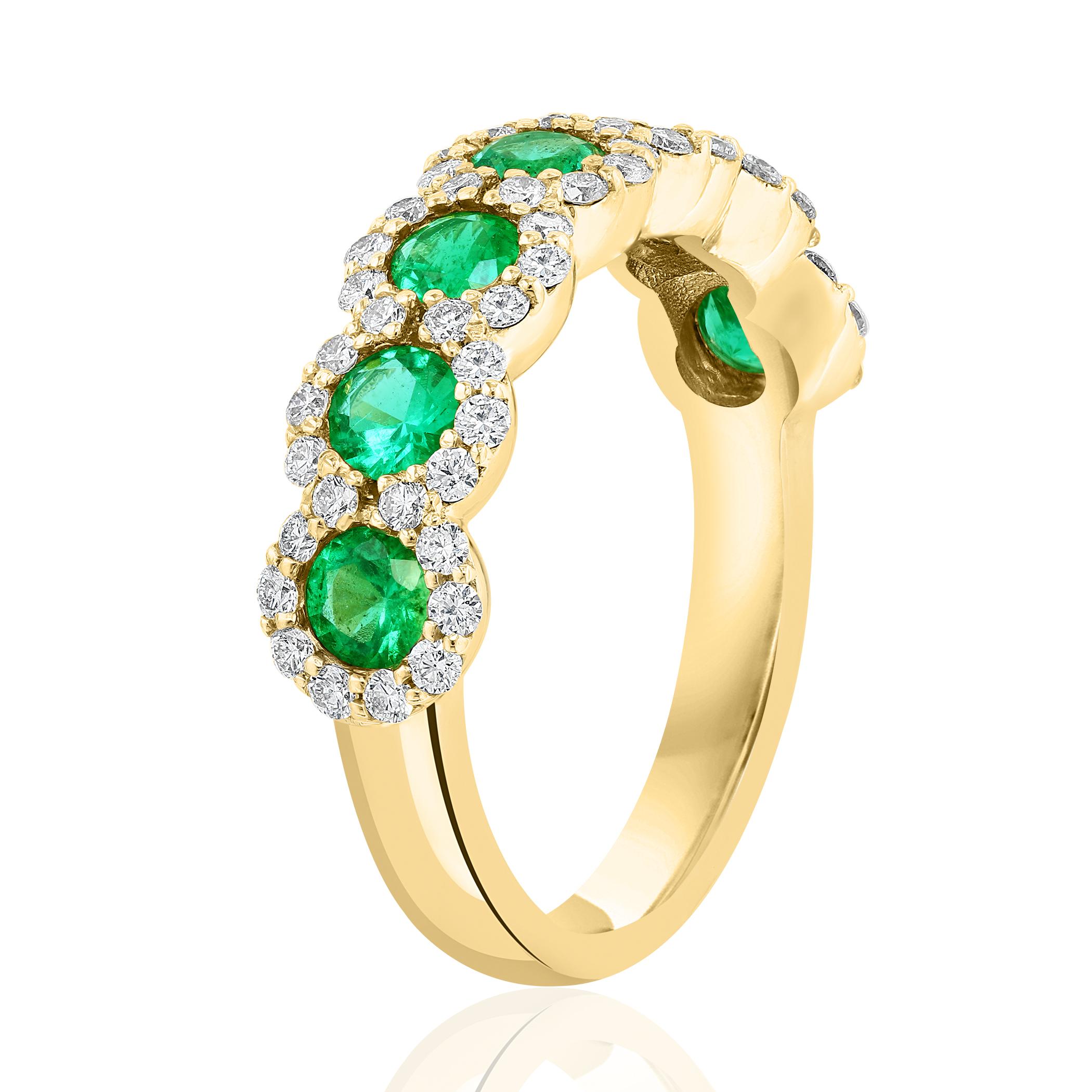 Modern 0.75 Carat Round Cut Emerald and Diamond Halfway Wedding Band in 14K Yellow Gold For Sale