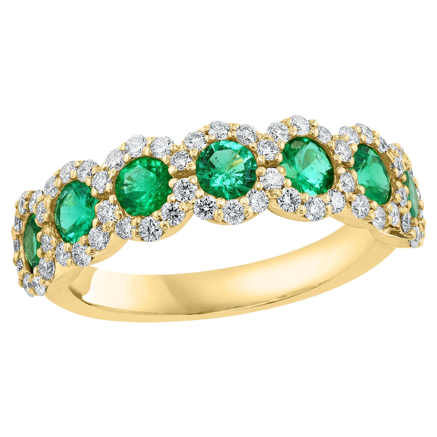 0.75 Carat Round Cut Emerald and Diamond Halfway Wedding Band in 14K Yellow Gold For Sale