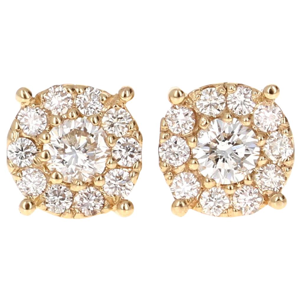 Clous d'oreilles en or jaune 14 carats avec motif de fleur en diamants ronds de 0,75 carat en vente