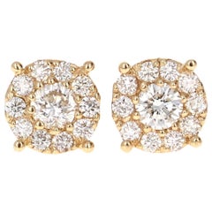 0.75 Carat Round Diamond Floret Design 14 Karat Yellow Gold Stud Earrings