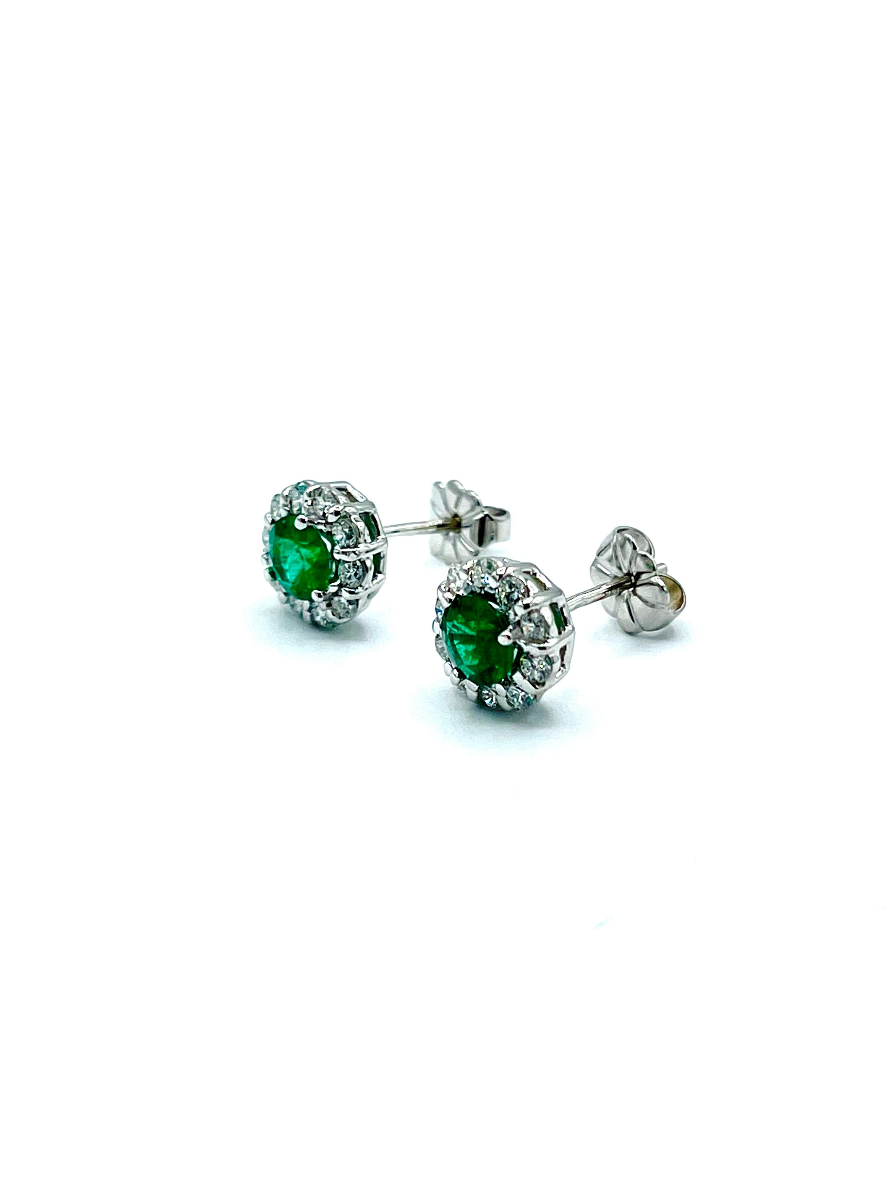 Modern 0.75 Carat Round Emerald and Diamond White Gold Stud Earrings