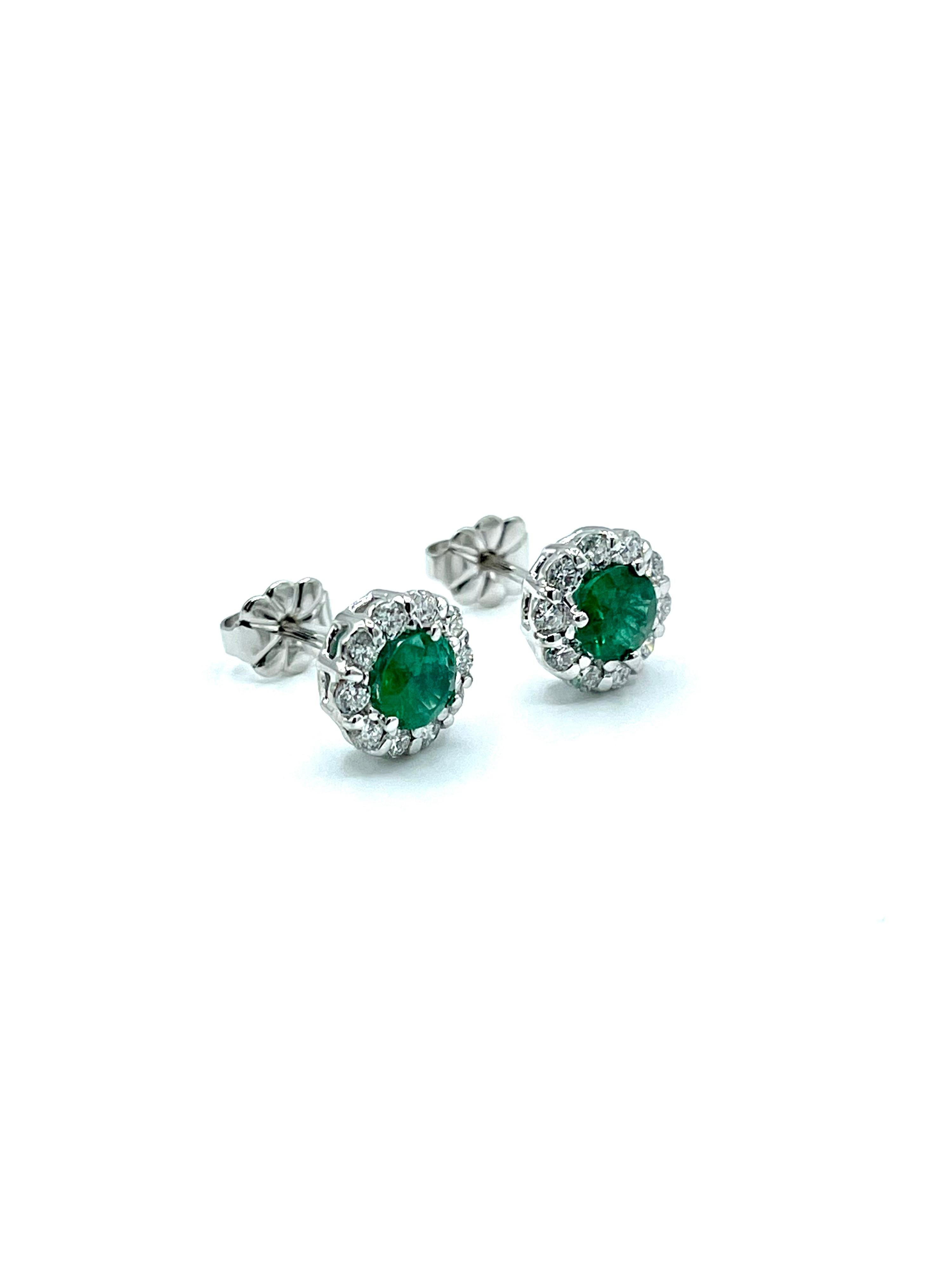 Round Cut 0.75 Carat Round Emerald and Diamond White Gold Stud Earrings