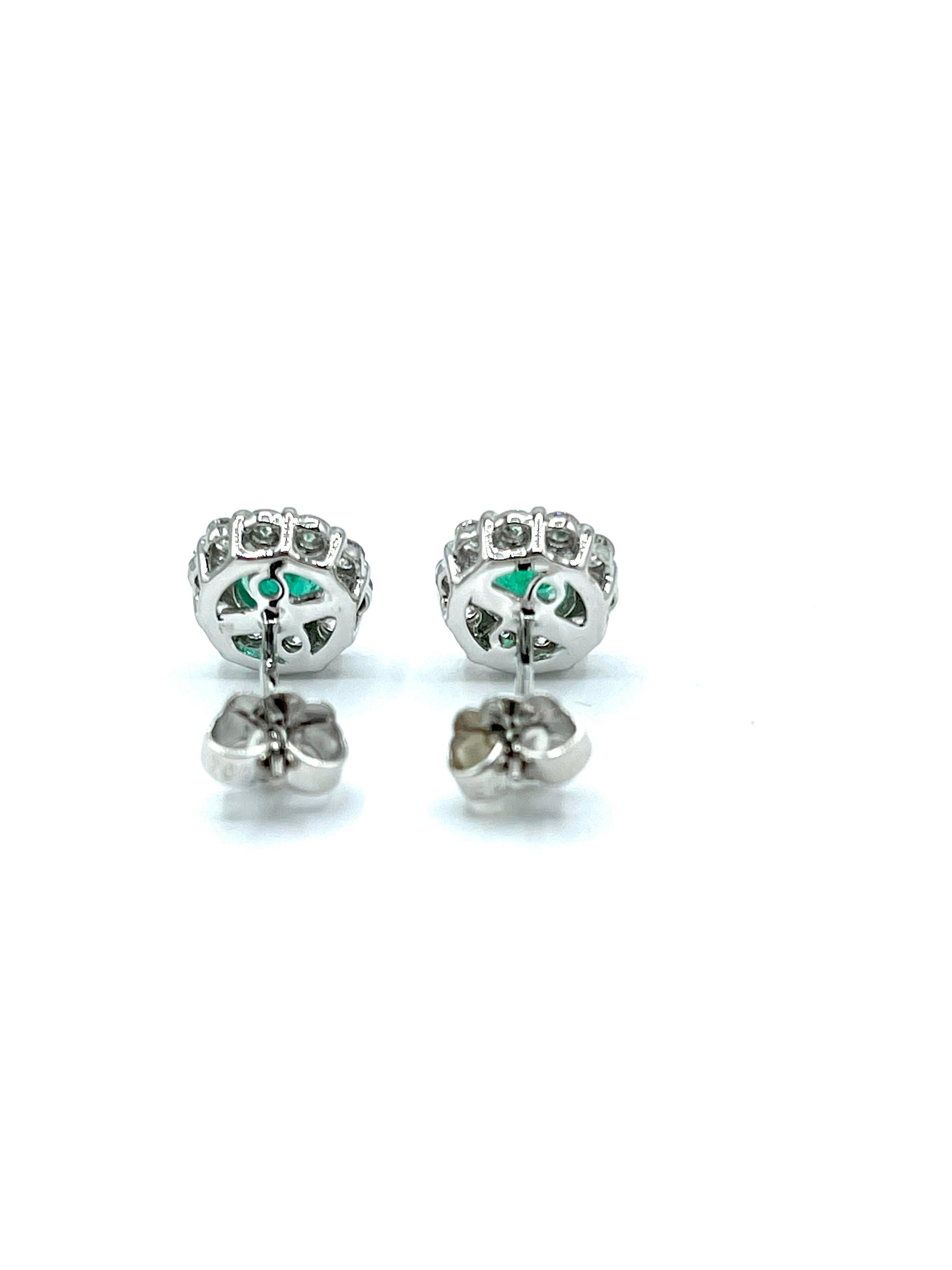 Women's or Men's 0.75 Carat Round Emerald and Diamond White Gold Stud Earrings