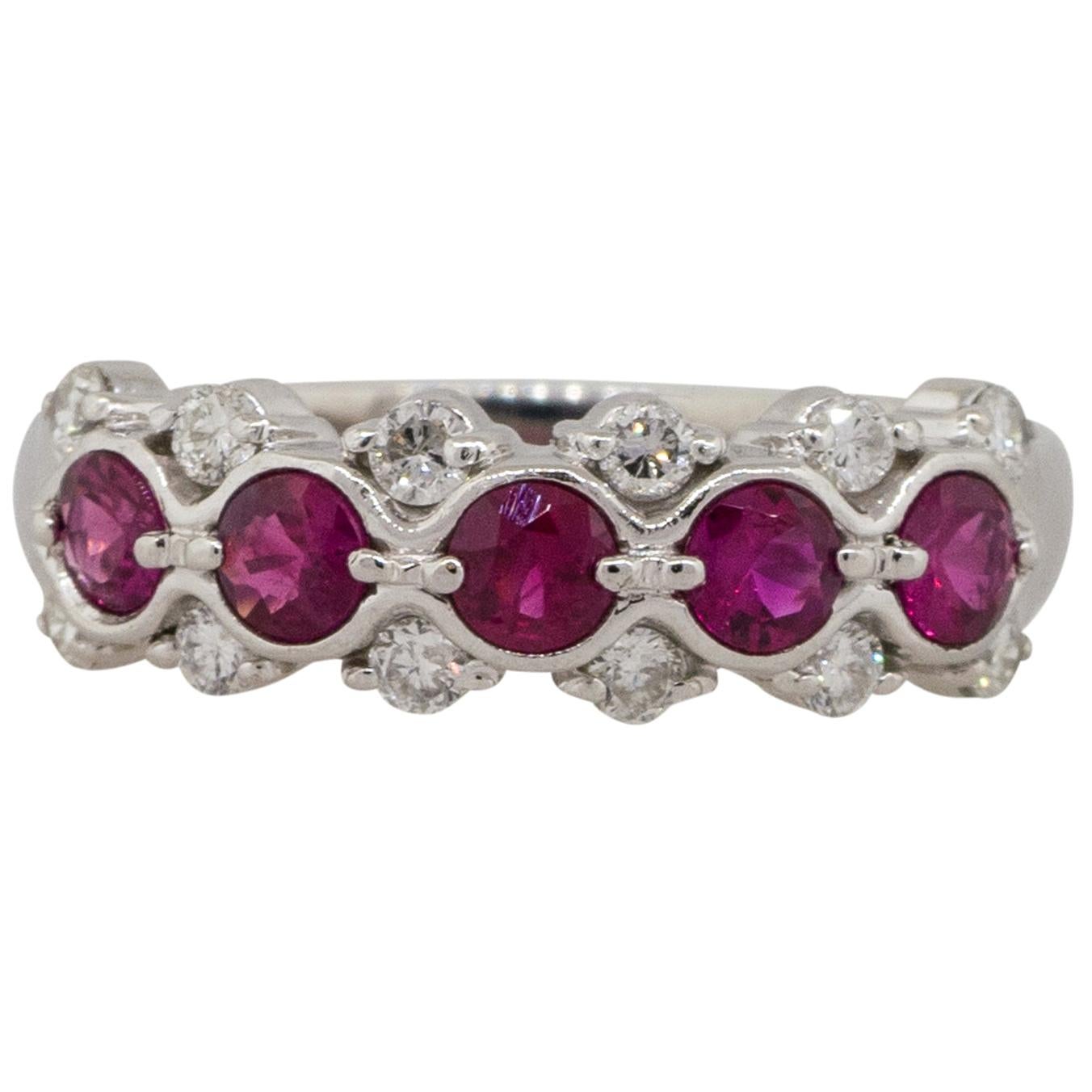 0.75 Carat Round Ruby Bezel Set Diamond Ring Platinum in Stock