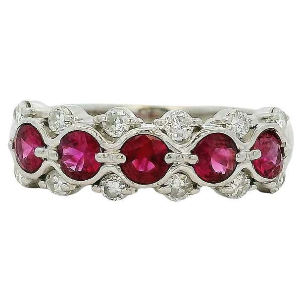 0.75 Carat Round Ruby Bezel Set Diamond Ring Platinum in Stock For Sale ...