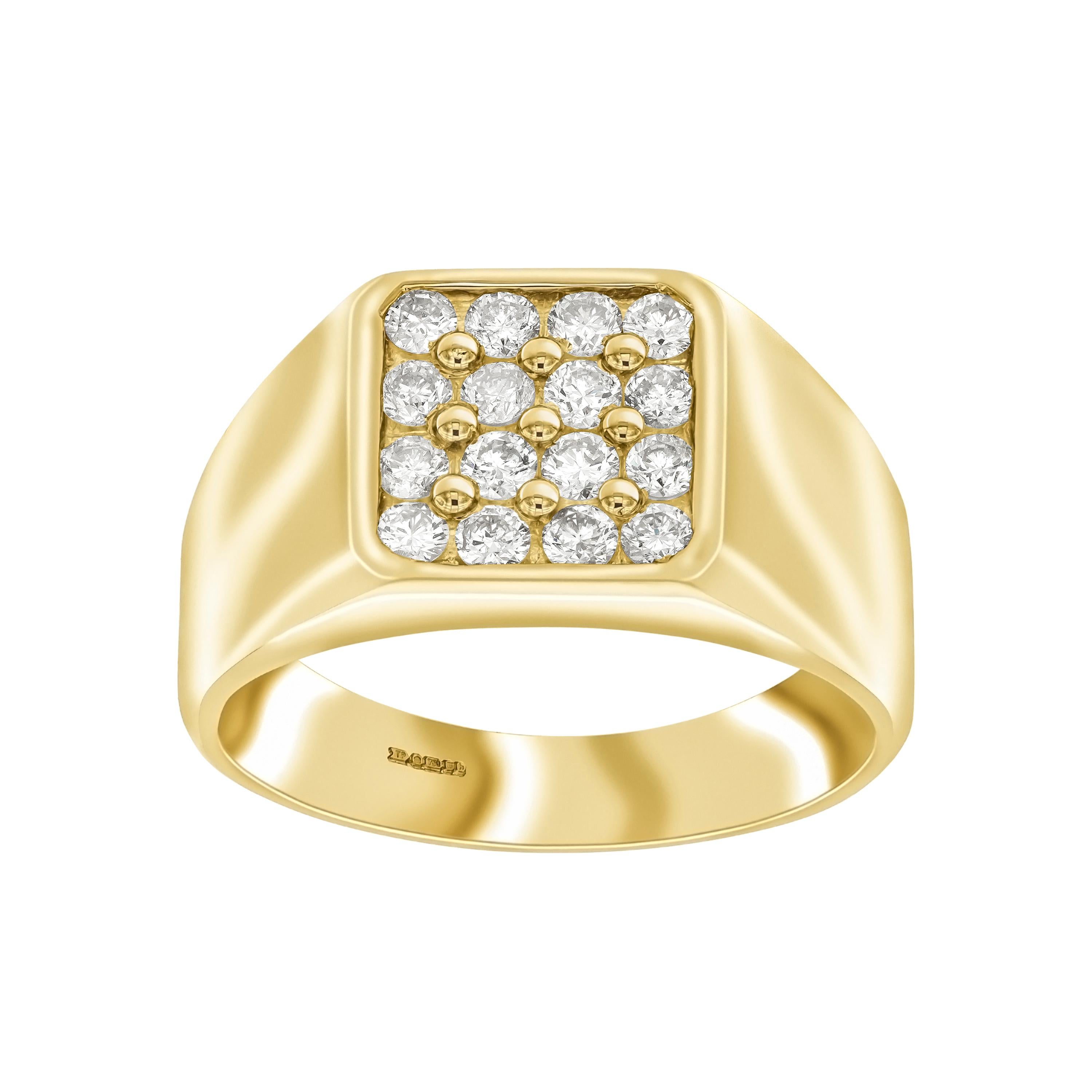 0.75 Carat Round White Diamond 18 Karat Yellow Gold Square Men's Signet Ring