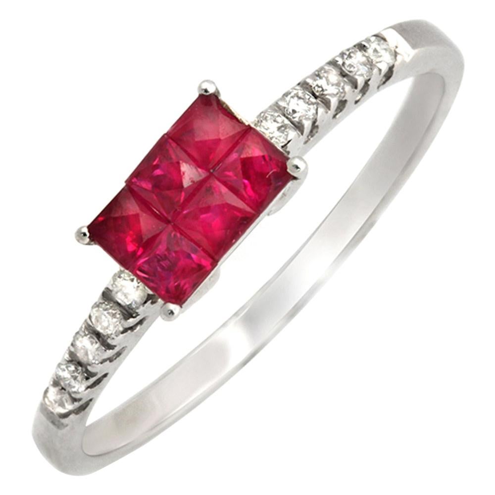 0.75 Carat Ruby and 0.12 Carat Diamonds 18 Karat White Gold Wedding Band Ring